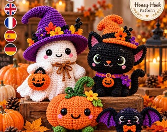 May include: Four crocheted Halloween figures: a white ghost wearing a purple witch hat, a black cat with an orange hat, an orange pumpkin with green leaves, and a small black bat with purple wings, all featuring plastic eyes and stitched faces.