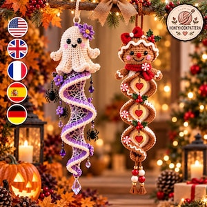 May include: Two hanging crochet ornaments: a cream-colored ghost with a purple flower and spider accents, and a brown gingerbread person with a red bow, peppermint candies, and heart-shaped charms, both featuring intricate spiral designs.