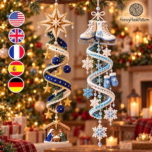 May include: Two hanging crochet ornaments. The left features a gold star, a blue spiral with yellow stars, and a nativity scene. The right features white ice skates, a blue and white spiral with snowflakes, and blue mittens, all adorned with beads.