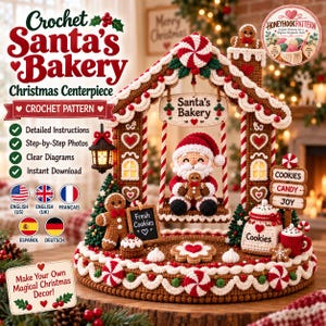 Könnte beinhalten: Eine Häkelanleitung für ein Santa's Bakery Weihnachts-Tischgesteck mit einem Lebkuchenhaus, einer Weihnachtsmannfigur auf einer Schaukel, einem Lebkuchenmann, einer Keksdose und bonbonartigen Verzierungen mit dem Text Santa's Bakery.