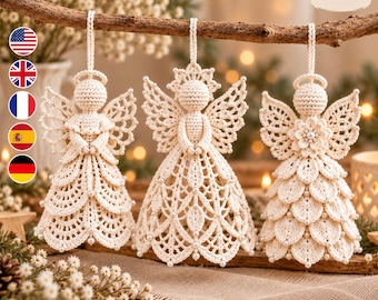 May include: Three cream-colored crocheted angel ornaments hanging from a wooden branch. Each angel features intricate lace-like wings, a halo, and a dress adorned with small white beads. The designs vary in texture, including scalloped and petal patterns.