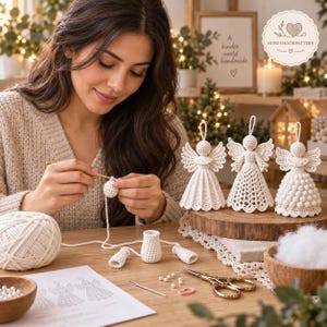 May include: Three off-white crocheted angel ornaments with distinct stitch patterns, including a solid ribbed design, an openwork lace pattern, and a textured bobble stitch pattern, each featuring a loop for hanging on a wooden display base.