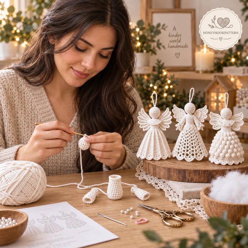May include: Three off-white crocheted angel ornaments with distinct stitch patterns, including a solid ribbed design, an openwork lace pattern, and a textured bobble stitch pattern, each featuring a loop for hanging on a wooden display base.