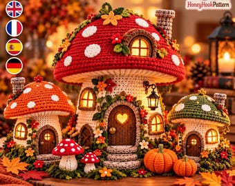 May include: A set of three crocheted mushroom-shaped houses with red, orange, and green caps featuring white spots, illuminated windows, and doors. The houses are decorated with small crocheted flowers, vines, and pumpkins, with a chimney on each.