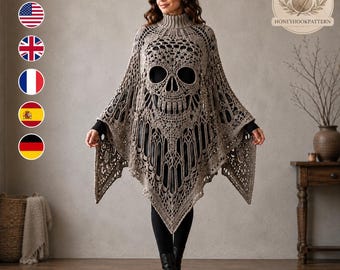 May include: A beige crochet poncho featuring a prominent skull motif on the chest, a high turtleneck collar, and an intricate openwork pattern throughout. The garment has a pointed hemline and is worn over a black long-sleeved top and black leggings.