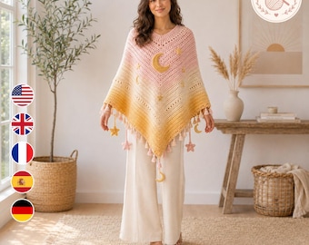May include: A crochet poncho featuring a gradient color transition from soft pink at the neckline to a warm yellow at the hem. The garment is adorned with crocheted moon and star appliques and finished with small tassels along the bottom edge.