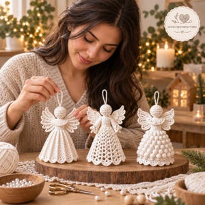 May include: Three off-white crochet angel ornaments with hanging loops. The left angel has a pleated skirt, the center angel features a diamond lattice pattern, and the right angel has a textured bobble stitch skirt. Each has detailed wings.