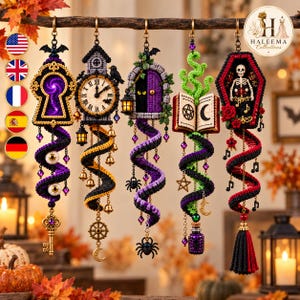 May include: Five hanging ornaments featuring intricate crochet designs: a keyhole with a purple vortex, a clock with a crow, a purple door with glowing eyes, an open spellbook with green smoke, and a coffin with a skeleton, all with dangling charms.