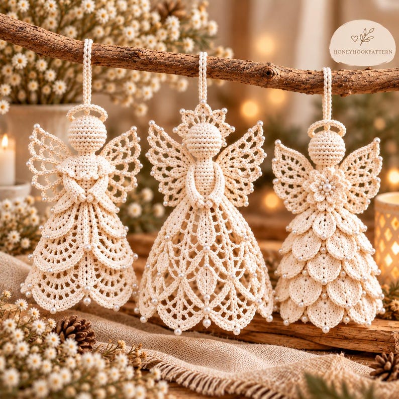 May include: Three off-white crochet angel ornaments hanging from a wooden branch. Each angel features intricate lace-like stitching, a halo, and small white beads. The designs vary in skirt patterns, including scalloped and petal-like textures.
