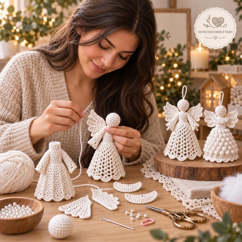 May include: Crochet angel ornaments made of off-white yarn, featuring intricate lace patterns, wings, and spherical heads. The set includes finished figures, detached wings, a ball of yarn, a needle, scissors, and small white beads on a wooden surface.