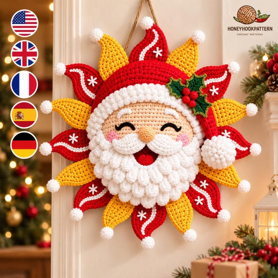 Jolly Starburst Santa Crochet Pattern PDF | Christmas Door Medallion | Whimsical Festive Wall Hanging | 4-Language Download
