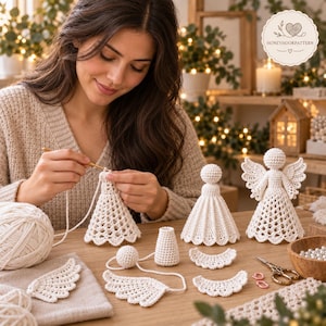 May include: Off-white crocheted angel ornaments featuring intricate lace-like skirt patterns and separate wings. The set includes finished figures, a partially assembled body, detached wings, and crochet components on a wooden surface.