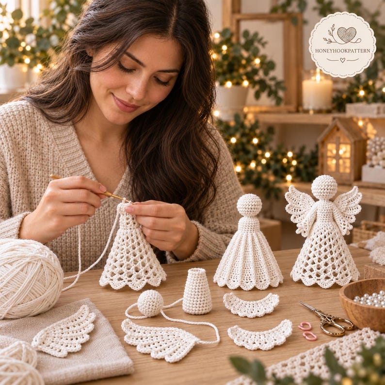 May include: Off-white crocheted angel ornaments featuring intricate lace-like skirt patterns and separate wings. The set includes finished figures, a partially assembled body, detached wings, and crochet components on a wooden surface.