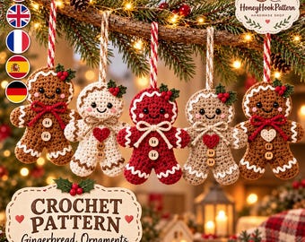 May include: Five crocheted gingerbread ornaments hanging from a pine branch. Each figure features a smiling face, two wooden buttons, a small heart, and a sprig of holly. The ornaments are colored brown, white, red, and beige with striped loops.