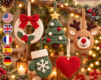 May include: Five crocheted Christmas ornaments hanging from a branch: a white wreath with a red bow and holly, a green Christmas tree with a yellow star, a brown reindeer with a red nose, a green mitten with a white snowflake, and a red heart.
