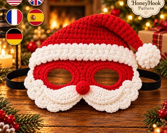 Santa Face Mask Crochet Pattern PDF | Christmas Eye Mask with Santa Hat, White Beard and Red Nose | Festive DIY Holiday Costume Accessory