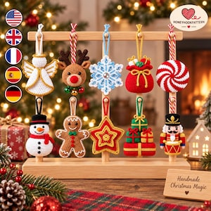 May include: A wooden display stand holding ten crocheted Christmas ornaments, including an angel, reindeer, snowflake, gift bag, peppermint swirl, snowman, gingerbread person, star, stacked presents, and a nutcracker with the text Handmade Christmas Magic.