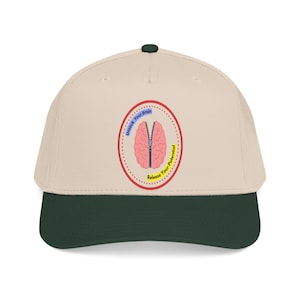 May include: A beige baseball cap with a dark green brim and a central oval graphic. The graphic features a pink brain with a black zipper down the middle, surrounded by the text "Unlock Your Brain" in blue and "Release Your Potential" in yellow.