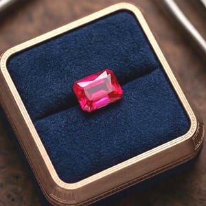 Laboratoriumgekweekte robijn, rechthoekig, 10x6x6 mm, rode robijn, smaragdgeslepen, losse robijn, hoogwaardige gefacetteerde edelstenen, precisiegeslepen edelsteen, levendige gefacetteerde robijn.