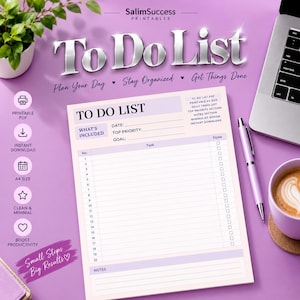 Könnte beinhalten: Eine druckbare To-Do-Listen-Planerseite auf violettem Hintergrund. Das Dokument enthält Abschnitte für Datum, Priorität, Ziel, eine nummerierte Aufgabenliste von 1 bis 20 mit Kästchen und einen Notizbereich. Text: SalimSuccess Printables.