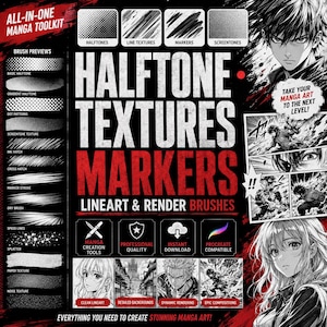 May include: An All-in-One Manga Toolkit featuring halftone textures, markers, lineart, and render brushes. The digital display includes brush previews, manga character illustrations, and text labels like Halftone Textures, Markers, and Lineart & Render Brushes for Procreate.