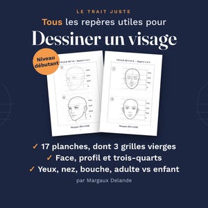 May include: Two instructional drawing guides titled LE TRAIT JUSTE Tous les repères utiles pour Dessiner un visage. The pages feature line art diagrams of human faces with numbered guidelines for proportions, labeled Niveau débutant.