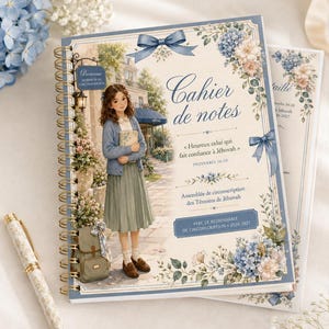 Peut inclure: Un carnet à spirales intitulé Cahier de notes illustré d'une personne tenant un livre, un sac à dos et des motifs floraux. La couverture porte le texte Heureux celui qui fait confiance à Jéhovah, Proverbes 16:20, et Assemblée de circonscription des Témoins de Jéhovah, 2026-2027.