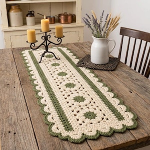 Decoración de mesa con medallón floral, decoración de mesa de algodón, camino de mesa con flores de jardín, decoración para el hogar en verde salvia y crema, camino de mesa de ganchillo de estilo vintage