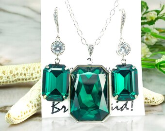 Pendientes de perlas verdes con collar y pulsera brillante / Conjunto de joyas de cristal para boda / Collar de princesa / Lindo conjunto de joyas para novia EM41JS