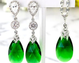 Long Green Emerald Earrings and Necklace Set Jewelry Set Emerald Jewelry Bridesmaid Gift Dark Green Drop Earrings Forrest Green DM32JS