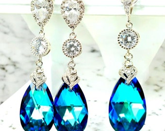 Conjunto de joyería nupcial: pendientes y collar, joyas para damas de honor con cristales azul Bermuda, joyas de pavo real y circonitas cúbicas BB32JS