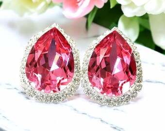Fuchsia Pink Post Earrings Large Stud Earrings  Crystal Fancy Stone Pear Shaped Pink Earrings Bridal Earrings Bridesmaid Gift RP31S