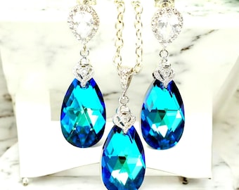 Conjunto de joyería azul, collar y pendientes, joyería para damas de honor, joyería azul Bermuda con estampado de pavo real, joyería nupcial con circonitas cúbicas BB32JS