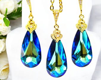 Conjunto de collar y pendientes de cristal azul Swarovski Bermuda Blue Teardrop Teal Blue Peacock Jewelry Conjunto de joyería nupcial Conjunto de damas de honor BB33JS