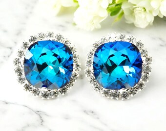 Pendientes de botón azules Pendientes de novia azules Pendientes de dama de honor Pendientes azul verdoso Pendientes azul Bermuda Regalo hecho a mano para ella BB50S