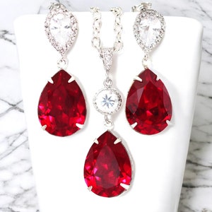 Conjunto de brincos e colar vermelho, conjunto de brincos e colar de cristal, conjunto de presente de dama de honra, zircônia cúbica, vermelho escuro, vermelho profundo, carmesim si31js