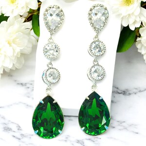 Long Green Earrings Dark Green Earrings Dark Moss Stone Cubic Zirconia Earrings Sterling Silver Bridesmaids Drop Earrings DM31PCC
