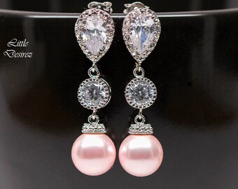 Pink Pearl Earrings Bridal Earrings Blush Pink Earrings  Pearl Bridesmaid Earrings Cubic Zirconia Light Pink Pearl Soft Pink P44PC
