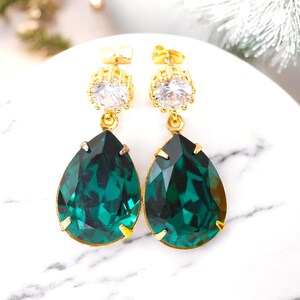 Emerald Post Earrings Green Earrings Teardrop Crystal Emerald Green Jewelry Cubic Zirconia 16k Gold Plated Bridesmaid Gift Christmas EM31H