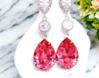 Hot Pink Earrings Fuchsia Earrings  Pear Crystal Bridal Earrings Rose Pink Magenta Fuchsia Bridesmaids Pink Earrings RP31PC