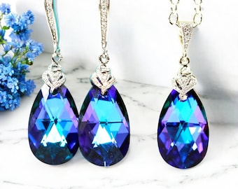 Conjunto de joias com cristais roxos e azuis, pronto para envio – colar e brincos, joias de noiva vitorianas, presente para madrinhas, joias de casamento HE32JS