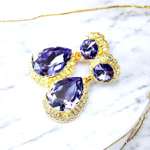 Purple Earrings Tanzanite  Earrings Chandelier Earrings Purple & Gold Earrings Crystal Rhinestone Jewelry Vintage Weddings TZ31DD
