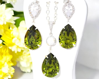 Conjunto de joyería verde, pendientes y collar verde oliva, conjunto de joyería con cristales Swarovski, conjunto de joyería para damas de honor, joyería con circonitas cúbicas OG31JS