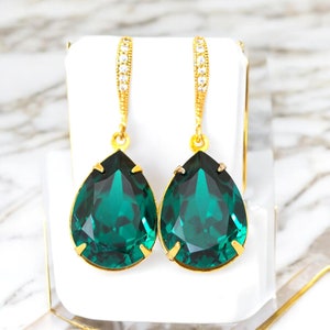 Emerald Gold Earrings Dark Green Earrings  Crystal Emerald Earrings Bridal Earring Wedding Jewelry Bridesmaid Gift Deep Green EM31H