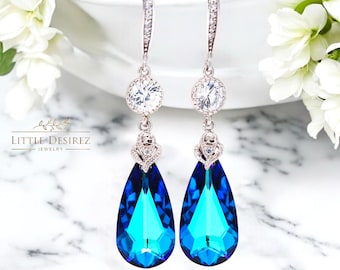 Pendientes de cristal azul Bermuda, joyería de pavo real, pendientes azules y verdes, joyería nupcial, pendientes nupciales con lágrima brillante BB33HC
