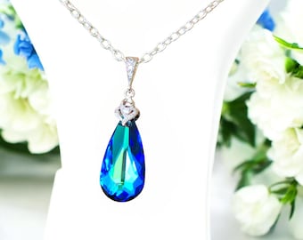 Collar azul Bermuda, collar de cristal azul, collar de dama de honor, collar de novia, colgante azul, azul, verde, pavo real brillante BB33N
