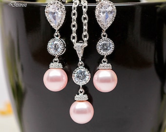 Pearl Jewelry Set Pink Earrings and Necklace Set Bridesmaid Gift  Pearl Wedding Jewelry Blush Pink Earrings CZ Jewelry Set P44JS