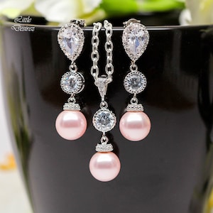 Pearl Jewelry Set Pink Earrings and Necklace Set Bridesmaid Gift  Pearl Wedding Jewelry Blush Pink Earrings CZ Jewelry Set P44JS