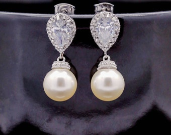 Pearl Earrings Drop Earrings Bridesmaid Pearl Earrings Cubic Zirconia Earrings  Pearl Earrings Bridal Earrings Wedding Jewelry P44P