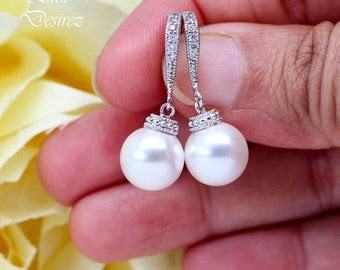 Pearl Earrings White Earrings Ivory Earrings Bridal Pearl Earrings Bridesmaid Pearl Earrings Silver CZ Earrings Pearl Jewelry P44H